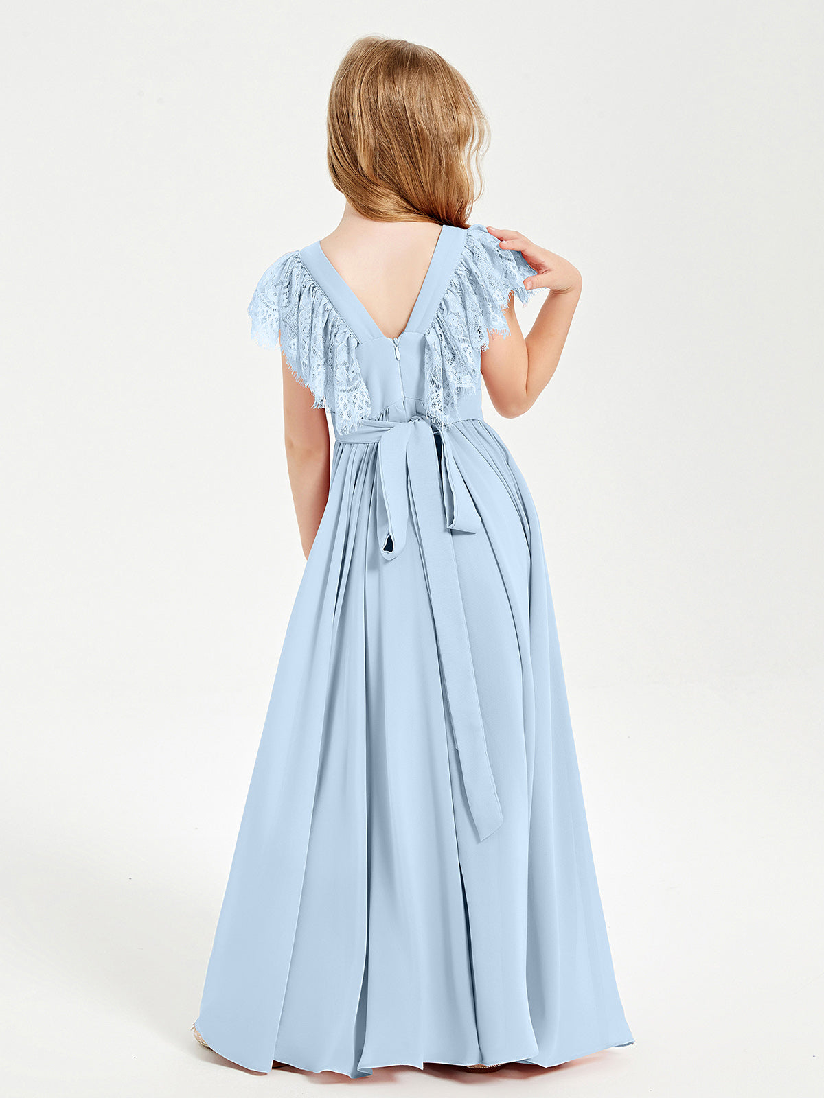 Chiffon Junior Bridesmaid Dresses with Lace Flutter Sleeves Sky Blue